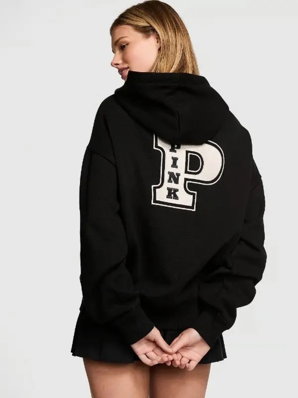 PINK Victoria's Secret Black Hooded Sweatshirt with White P Patch